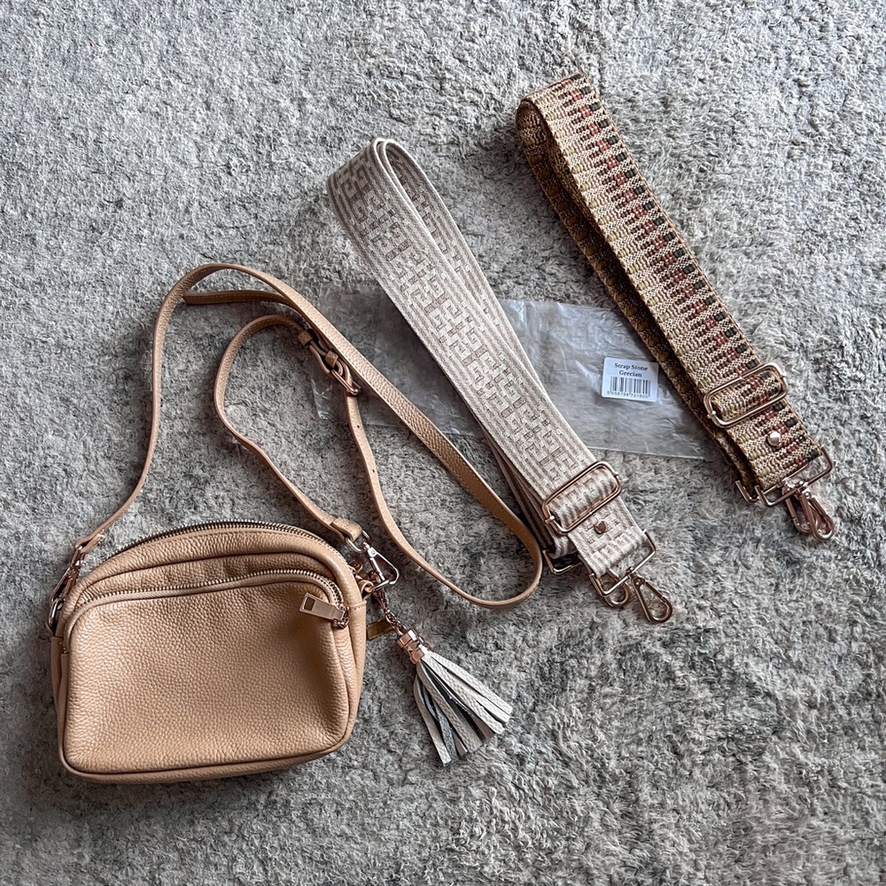 Pom Pom London Tan Leather Crossbody Bag with Adjustable Straps